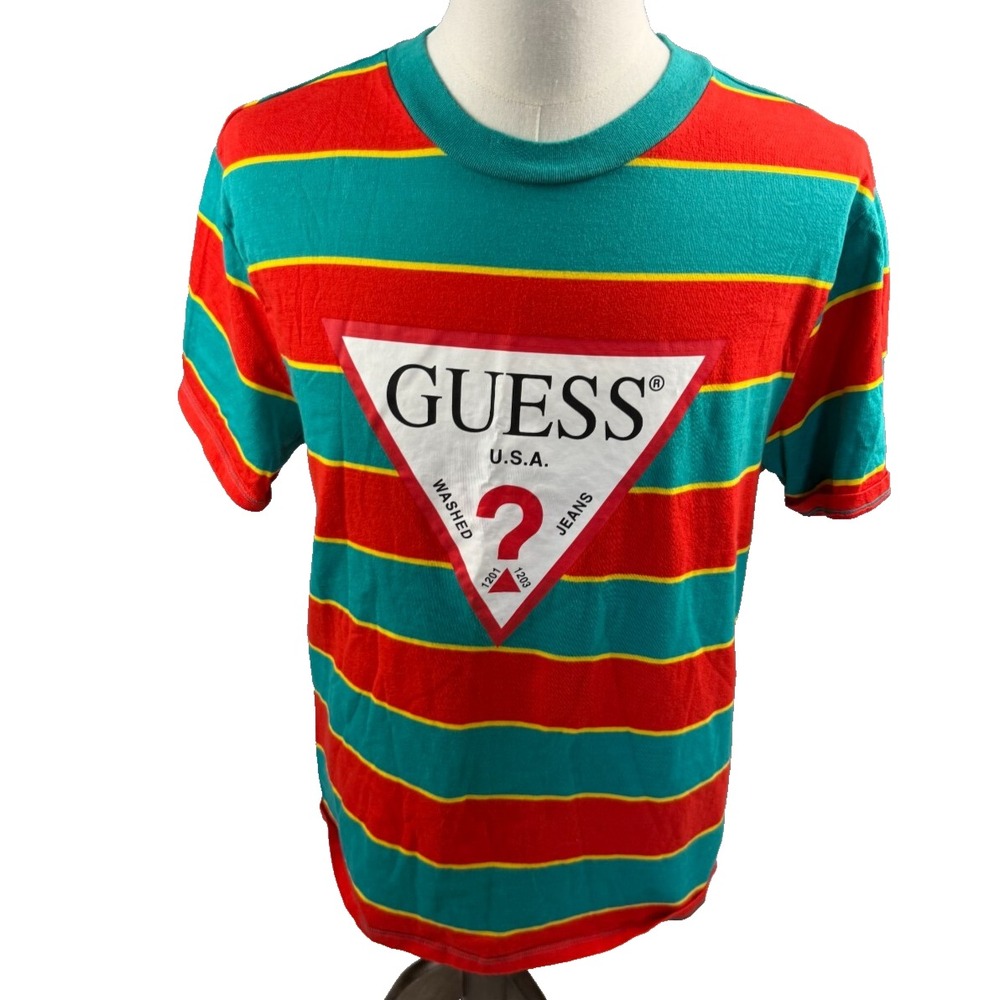 GUESS USA Mens Striped Triangle Logo Tee Shirt Retro 90's Medium